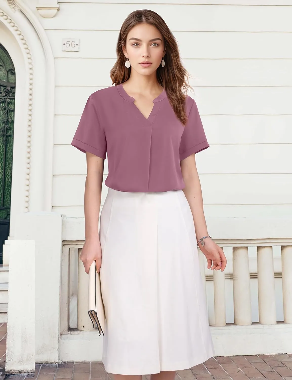 Timeson Women's V Neck Short Sleeve Curved Hem Sheer Chiffon Blouse Shirts Tops
