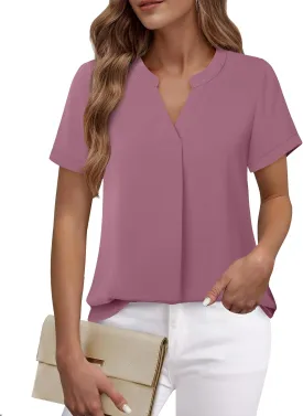 Timeson Women's V Neck Short Sleeve Curved Hem Sheer Chiffon Blouse Shirts Tops