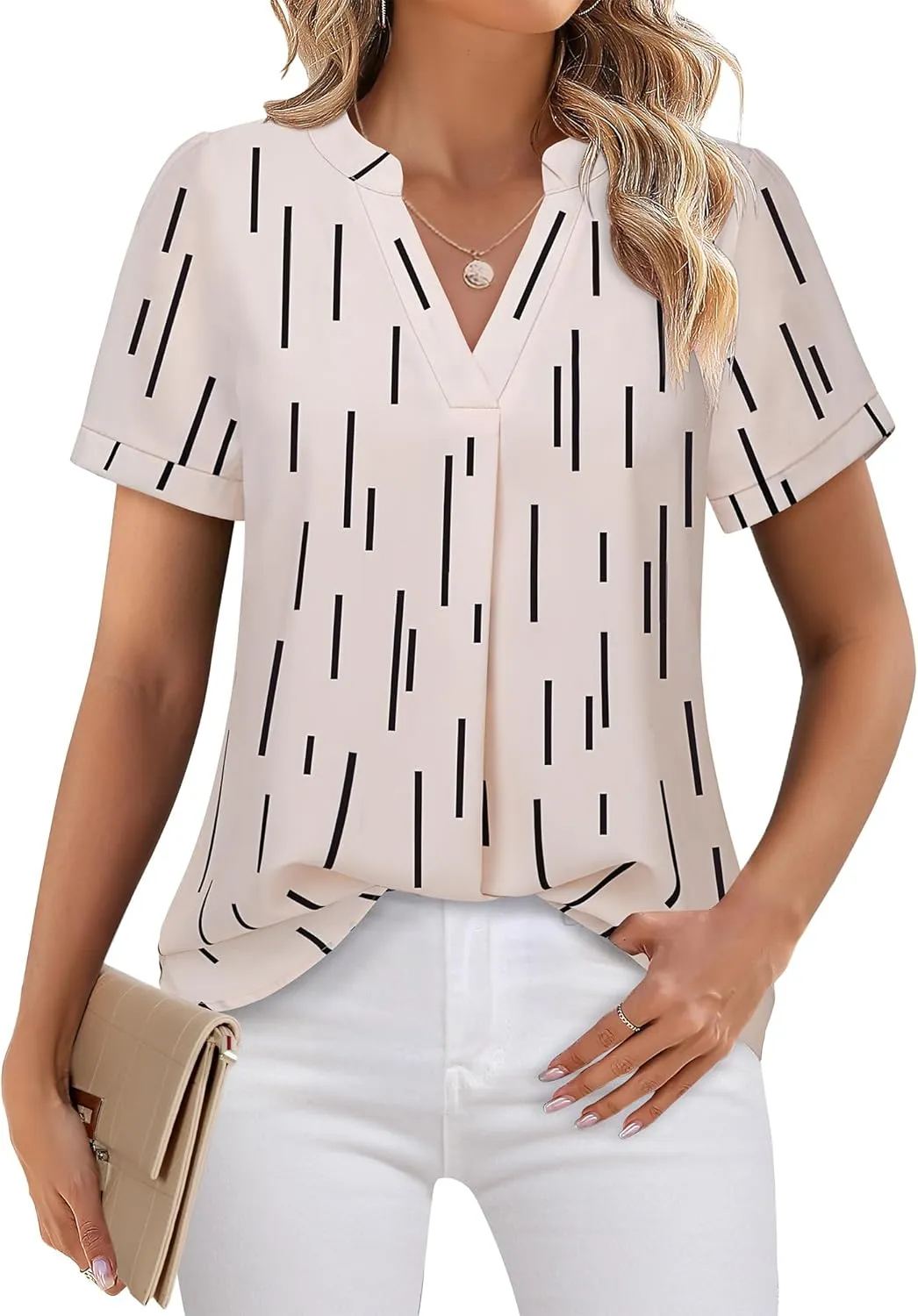 Timeson Women's V Neck Short Sleeve Curved Hem Sheer Chiffon Blouse Shirts Tops