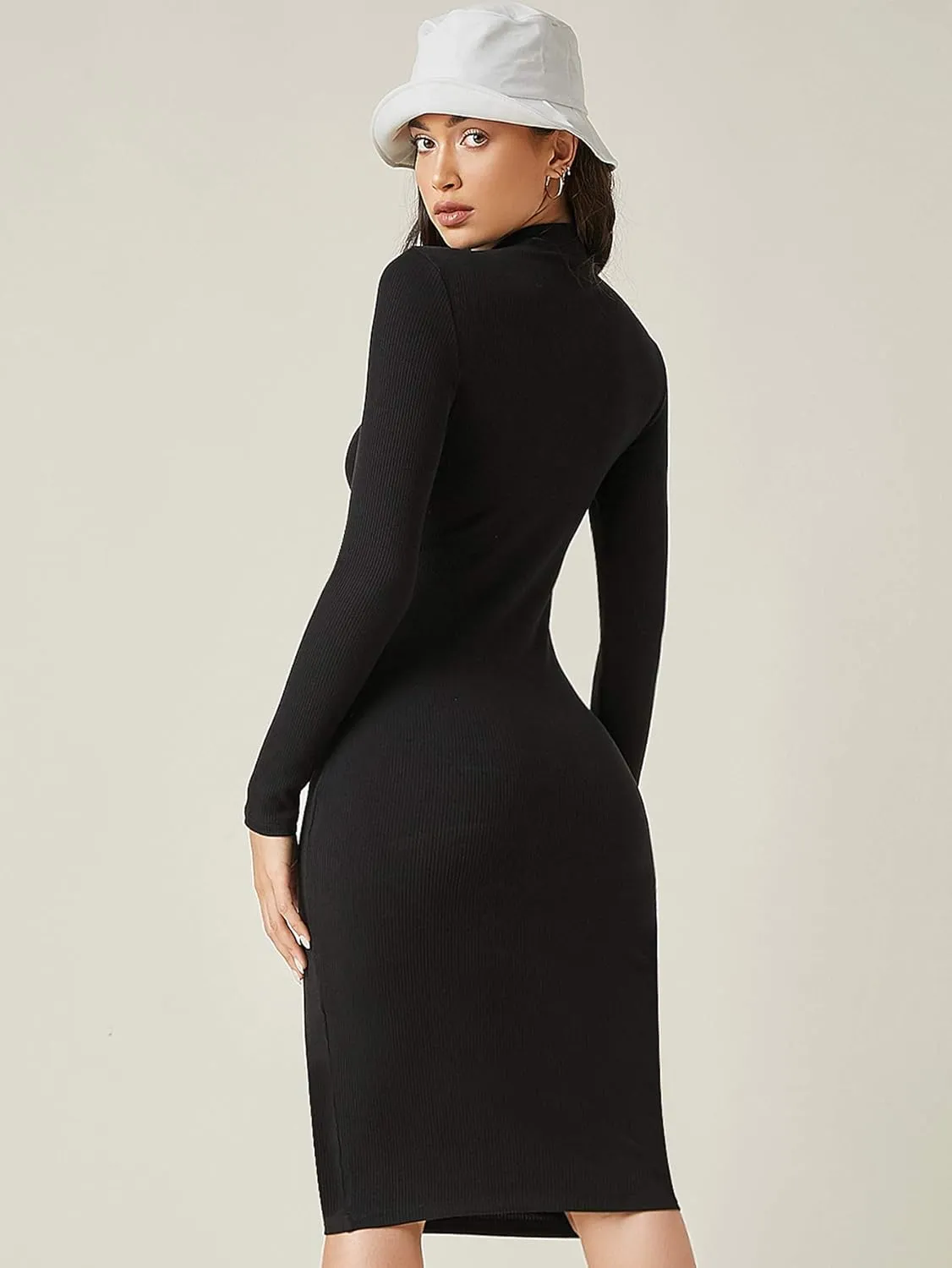 Verdusa Women's Mock Neck Long Sleeve Rib Knit Midi Bodycon Pencil Dress