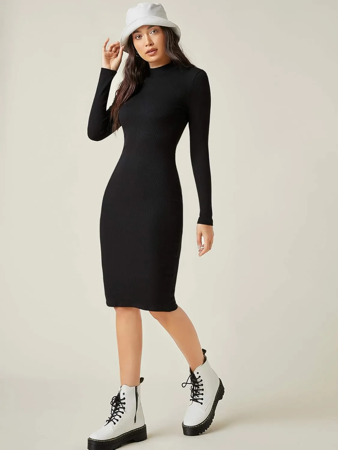 Verdusa Women's Mock Neck Long Sleeve Rib Knit Midi Bodycon Pencil Dress