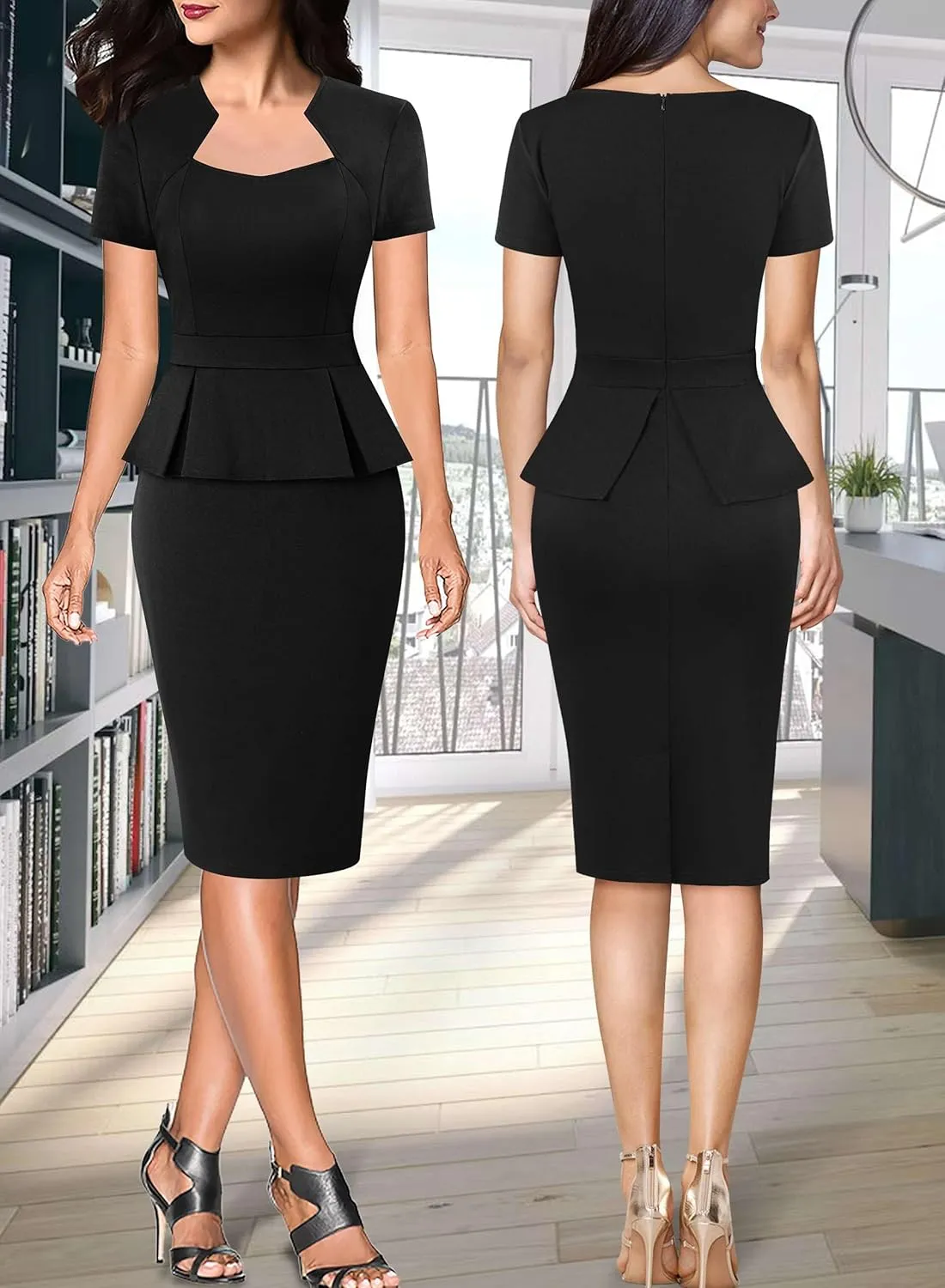 VFSHOW Womens 2025 Summer Work Business Office Bodycon Dress Square Neck Peplum Slim Career Church Pencil Sheath Dresses
