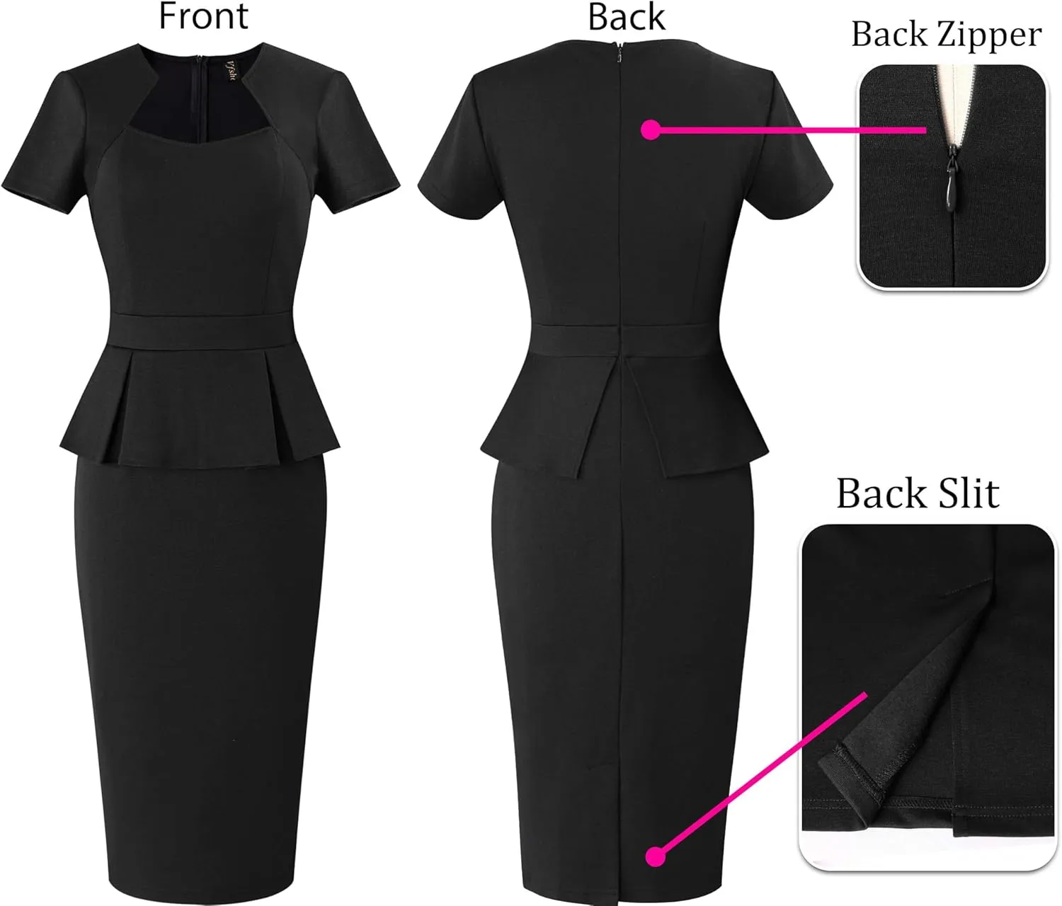 VFSHOW Womens 2025 Summer Work Business Office Bodycon Dress Square Neck Peplum Slim Career Church Pencil Sheath Dresses