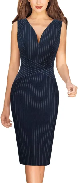 VFSHOW Womens Elegant V Neck Front Zipper Up Slim Fitted Work Business Office Bodycon Pencil Sheath Dress