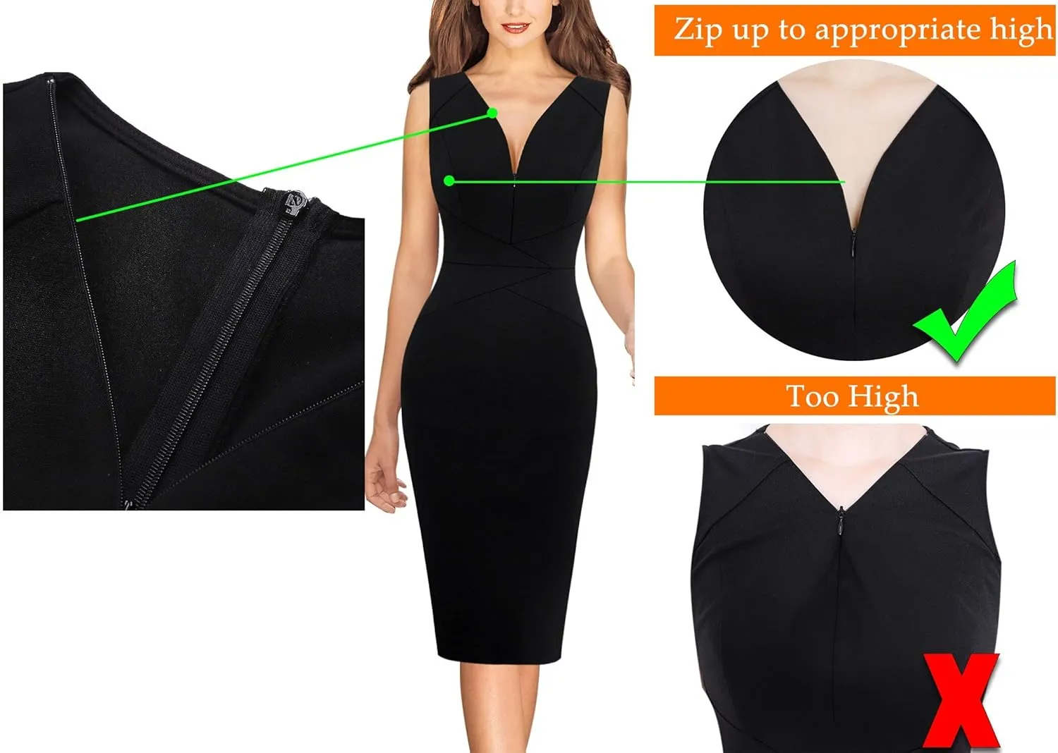 VFSHOW Womens Elegant V Neck Front Zipper Up Slim Fitted Work Business Office Bodycon Pencil Sheath Dress