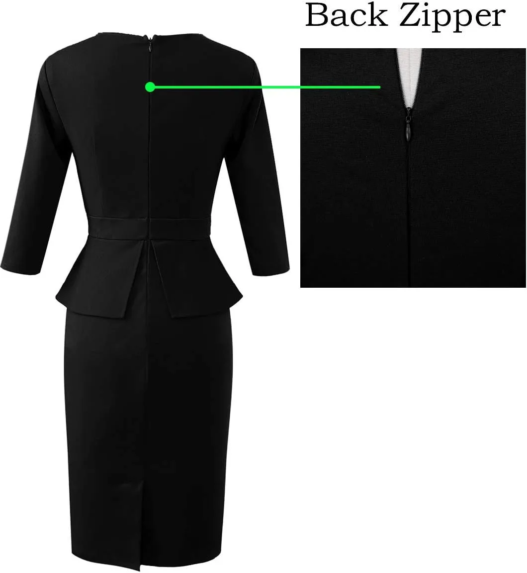 VFSHOW Womens Pleated Crew Neck Peplum Work Business Office Bodycon Pencil Sheath Dress