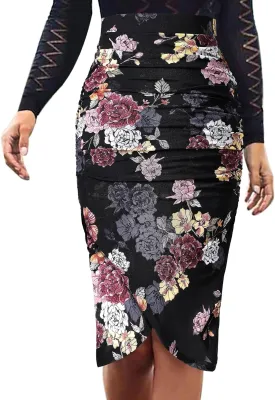 VFSHOW Womens Ruched Ruffle High Waist Asymmetric Wrap Casual Wok Office Party Slim Fitted Bodycon Pencil Midi Mid-Calf Skirt
