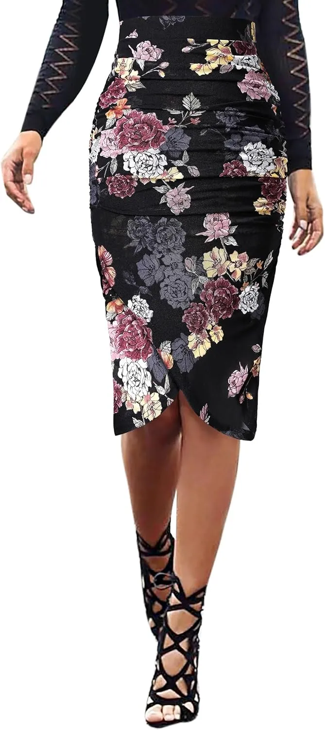 VFSHOW Womens Ruched Ruffle High Waist Asymmetric Wrap Casual Wok Office Party Slim Fitted Bodycon Pencil Midi Mid-Calf Skirt