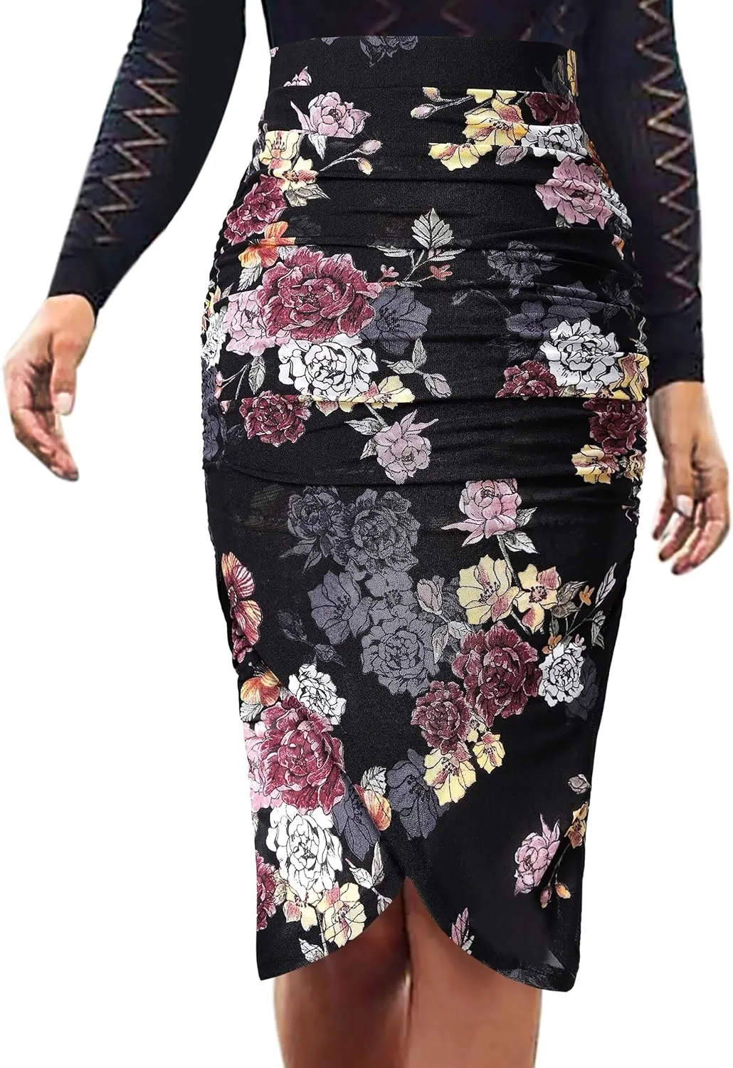 VFSHOW Womens Ruched Ruffle High Waist Asymmetric Wrap Casual Wok Office Party Slim Fitted Bodycon Pencil Midi Mid-Calf Skirt