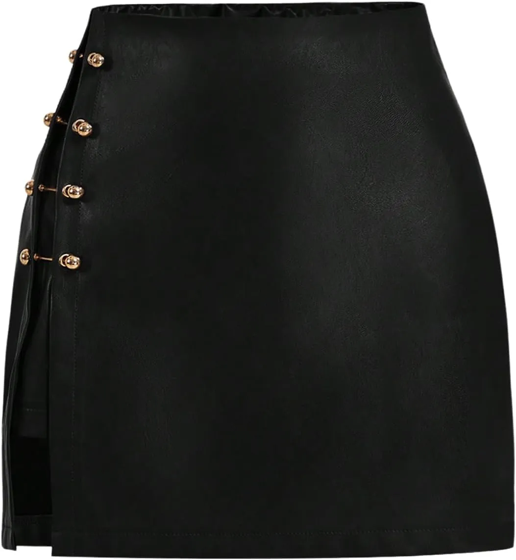 WDIRARA Women's Plus Size PU Leather Split Hem Grommet Eyelet Skirt Bodycon A Line Mini Skirt