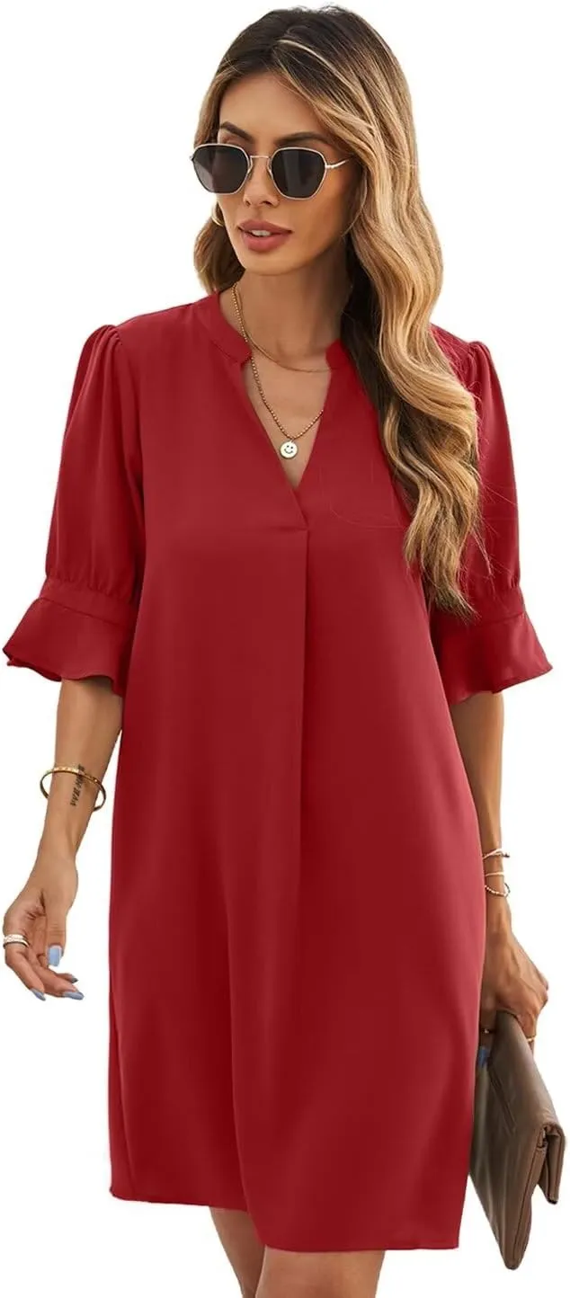Wkior Shift Dress for Women V Neck Short Sleeves Solid Color Casual Flowy Summer Dresses(S-2XL)