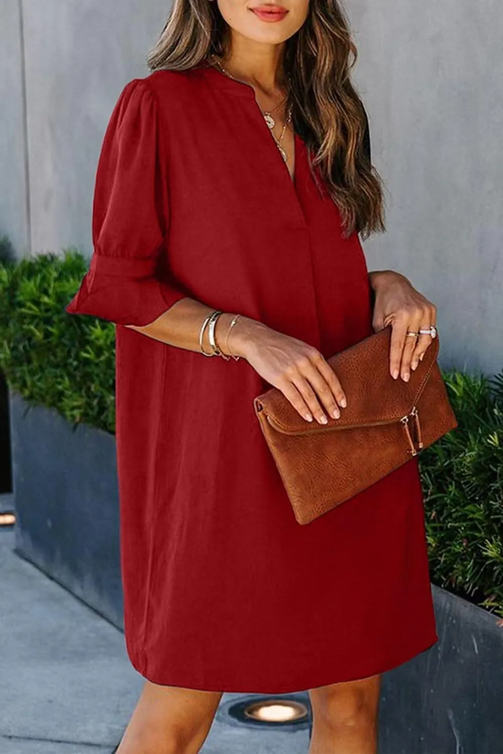 Wkior Shift Dress for Women V Neck Short Sleeves Solid Color Casual Flowy Summer Dresses(S-2XL)