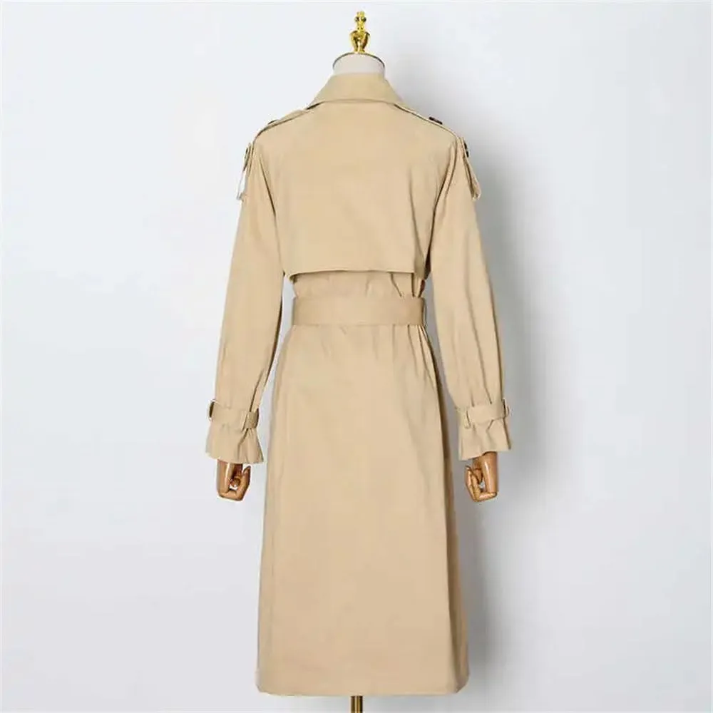 Women Casual Trenchcoats Lapel Long Sleeve Patchwork Button High Waist Lace Up A Line Loose Midi Jacket