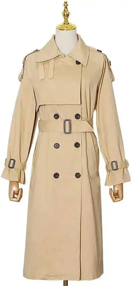 Women Casual Trenchcoats Lapel Long Sleeve Patchwork Button High Waist Lace Up A Line Loose Midi Jacket
