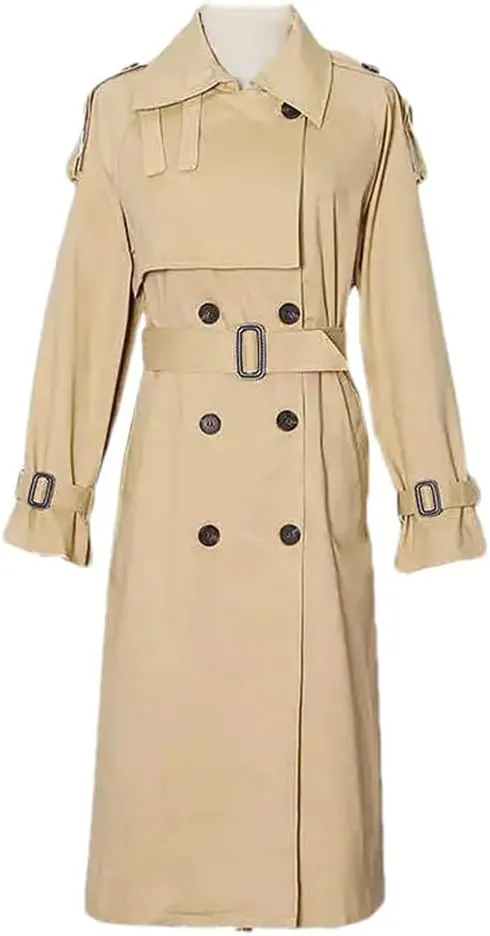 Women Casual Trenchcoats Lapel Long Sleeve Patchwork Button High Waist Lace Up A Line Loose Midi Jacket