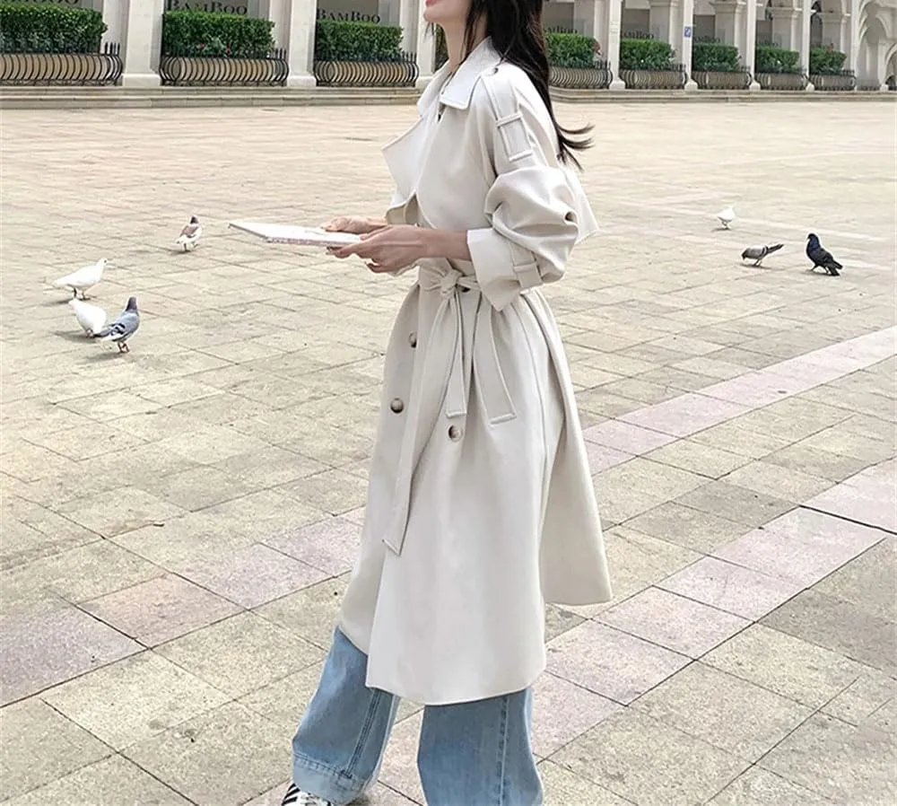 Women Solid Trench Coat Lapel Loose Double Breasted Sashes Fake 2 Piece Midi Coat Belted Side Pocket Jacket