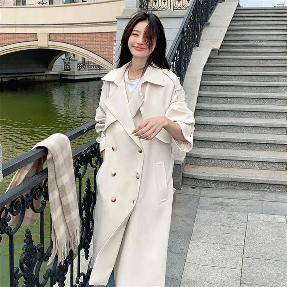 Women Solid Trench Coat Lapel Loose Double Breasted Sashes Fake 2 Piece Midi Coat Belted Side Pocket Jacket
