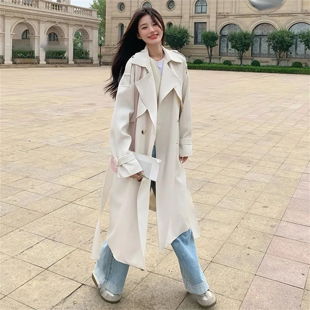 Women Solid Trench Coat Lapel Loose Double Breasted Sashes Fake 2 Piece Midi Coat Belted Side Pocket Jacket