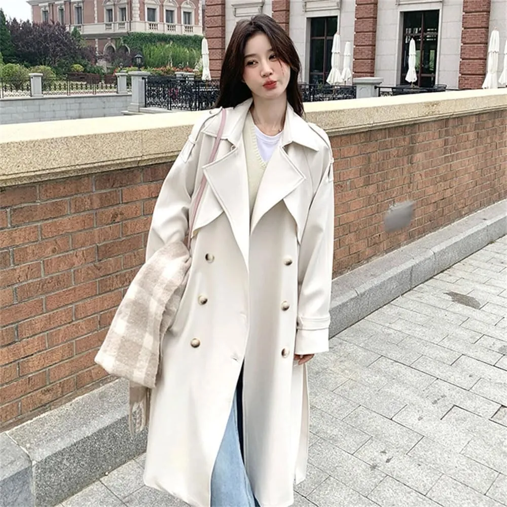Women Solid Trench Coat Lapel Loose Double Breasted Sashes Fake 2 Piece Midi Coat Belted Side Pocket Jacket