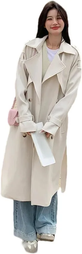 Women Solid Trench Coat Lapel Loose Double Breasted Sashes Fake 2 Piece Midi Coat Belted Side Pocket Jacket