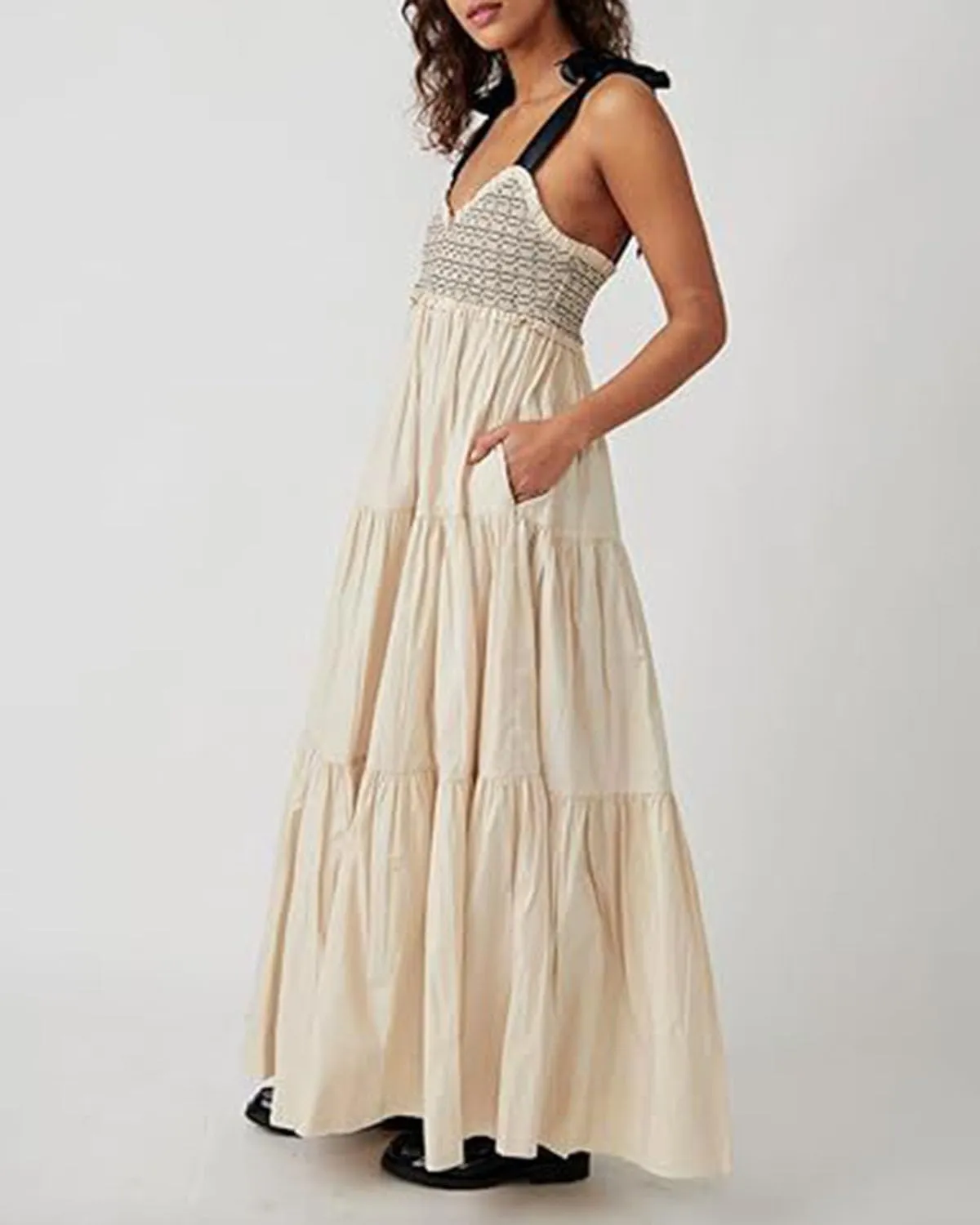 Women's Boho Floral Tiered Maxi Dress Tie Shoulder Sleeveless Floral Flowy Long Smocked Dresses Summer Sundress