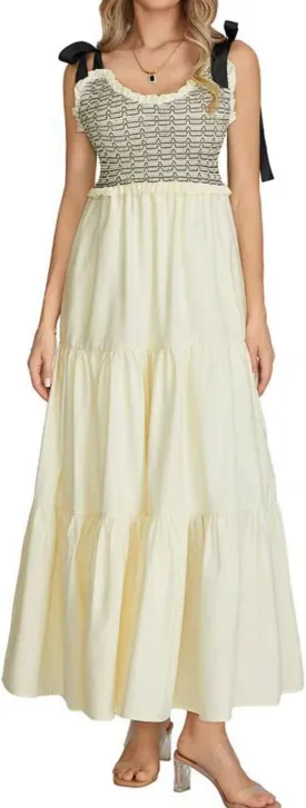 Women's Boho Floral Tiered Maxi Dress Tie Shoulder Sleeveless Floral Flowy Long Smocked Dresses Summer Sundress