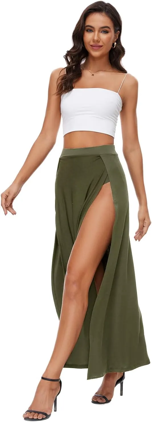 Women's Elastic Waist High Split Wrap Flowy Long Maxi Skirt Plain Side Slit Beach Party Maxi Skirts Renaissance Costume