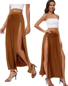 Women's Elastic Waist High Split Wrap Flowy Long Maxi Skirt Plain Side Slit Beach Party Maxi Skirts Renaissance Costume
