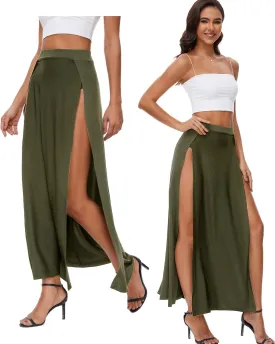 Women's Elastic Waist High Split Wrap Flowy Long Maxi Skirt Plain Side Slit Beach Party Maxi Skirts Renaissance Costume