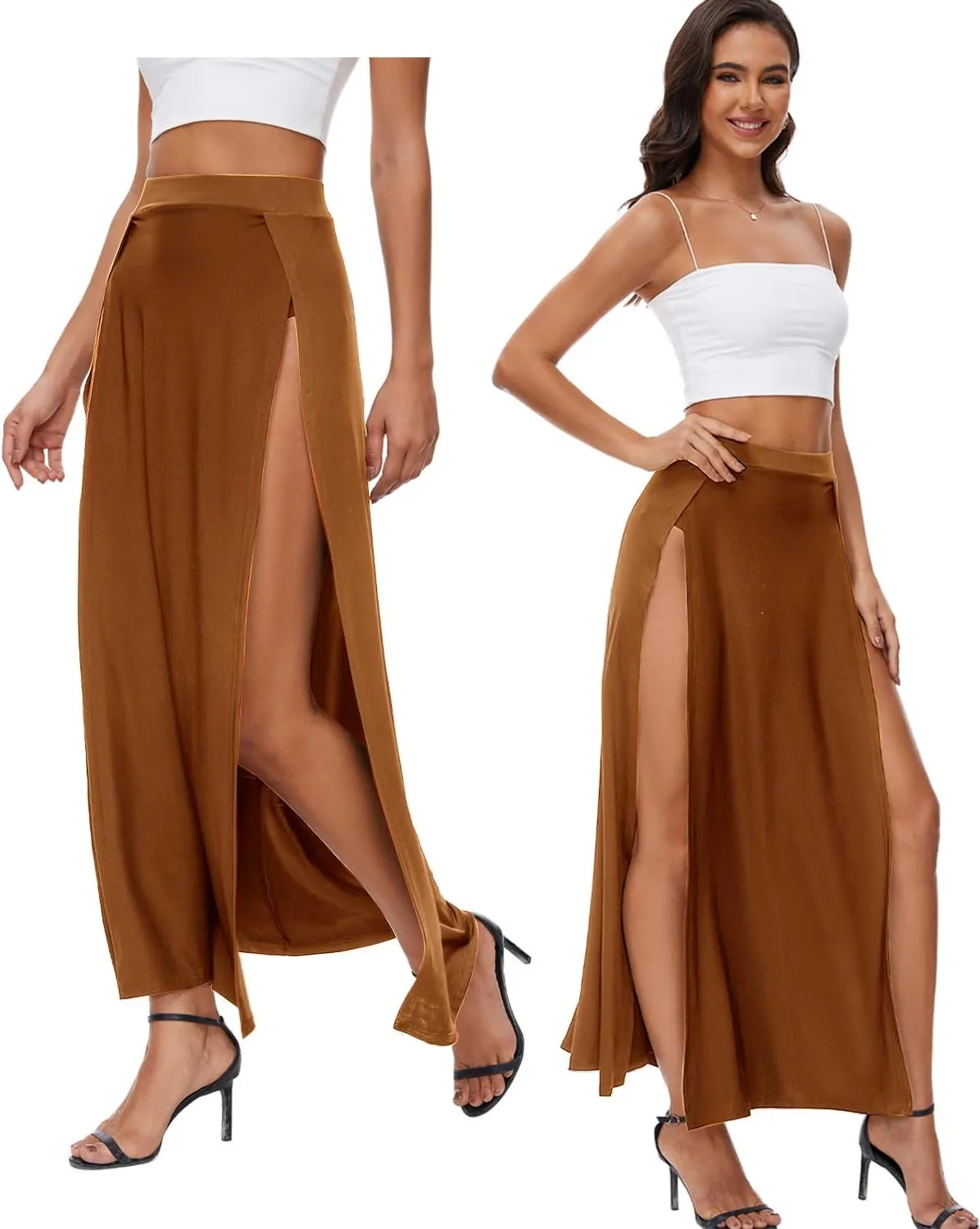Women's Elastic Waist High Split Wrap Flowy Long Maxi Skirt Plain Side Slit Beach Party Maxi Skirts Renaissance Costume