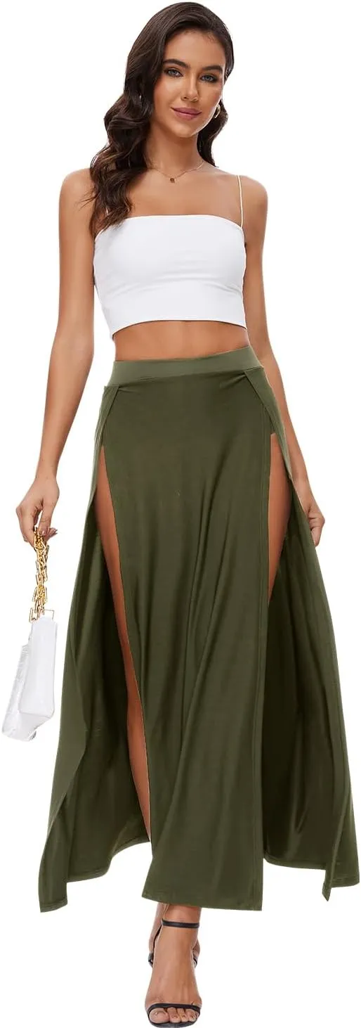 Women's Elastic Waist High Split Wrap Flowy Long Maxi Skirt Plain Side Slit Beach Party Maxi Skirts Renaissance Costume