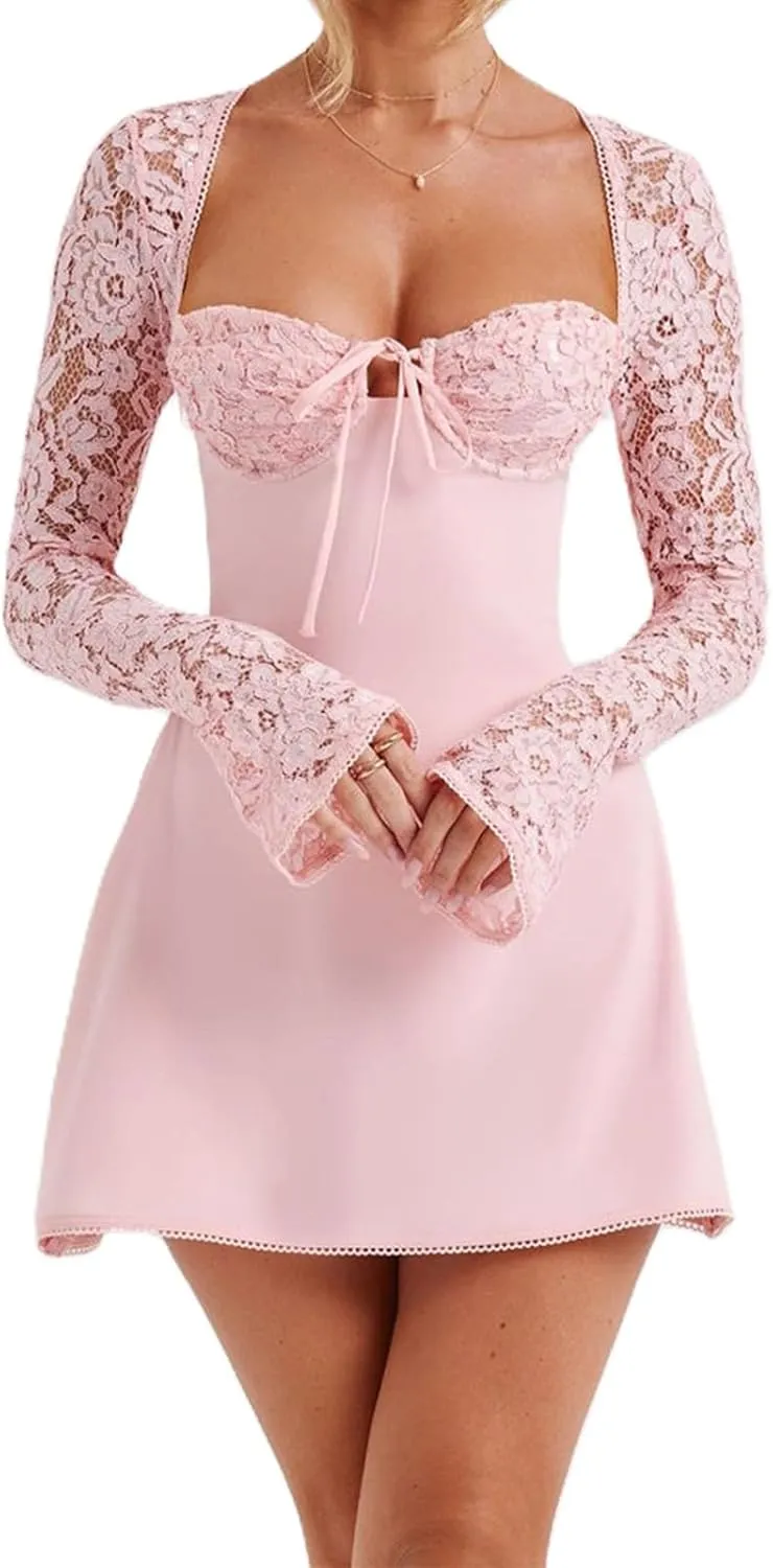 Women's Elegant Lace Long Sleeve Dress Lace Patchwork Low Cut Mini Dress Backless Tie-up Y2k Going Out Dress