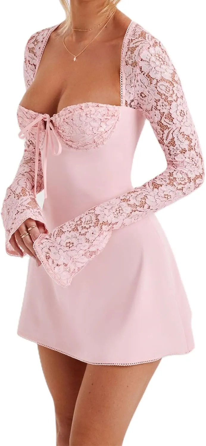 Women's Elegant Lace Long Sleeve Dress Lace Patchwork Low Cut Mini Dress Backless Tie-up Y2k Going Out Dress