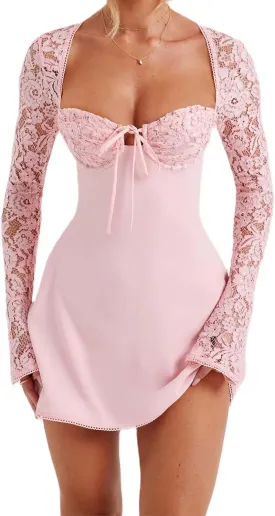 Women's Elegant Lace Long Sleeve Dress Lace Patchwork Low Cut Mini Dress Backless Tie-up Y2k Going Out Dress