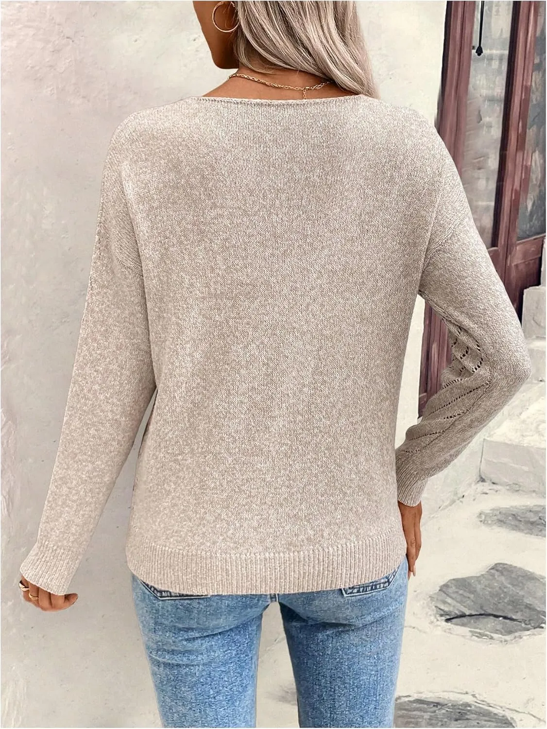 Women's Hollow Out Pullover Sweaters Vintage Lightweight V Neck Long Sleeve Oversize Knit Tops