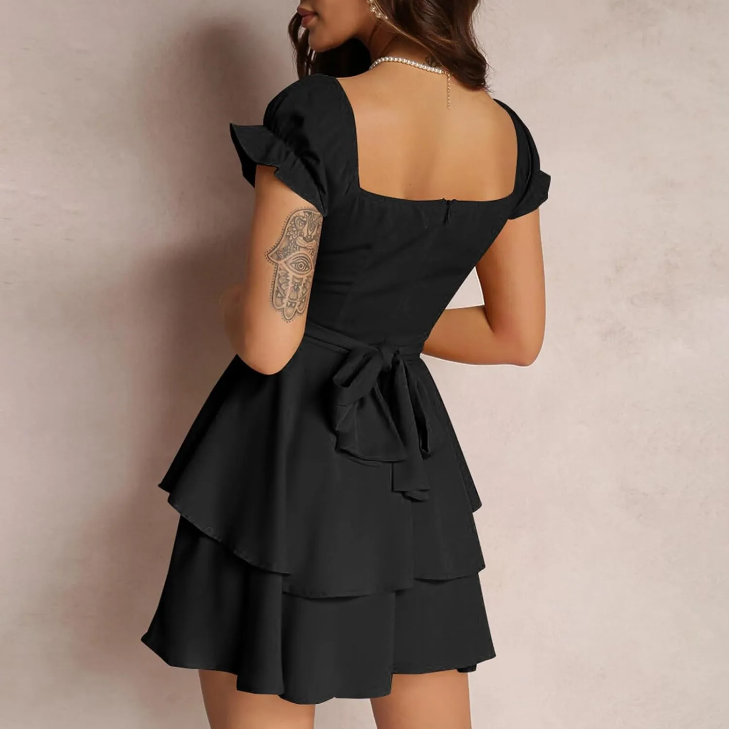 Women's Lantern Short Sleeve Wrap Tie Back Bow Square Neck Double Layer Ruffle Hem A Line Short Mini Dress