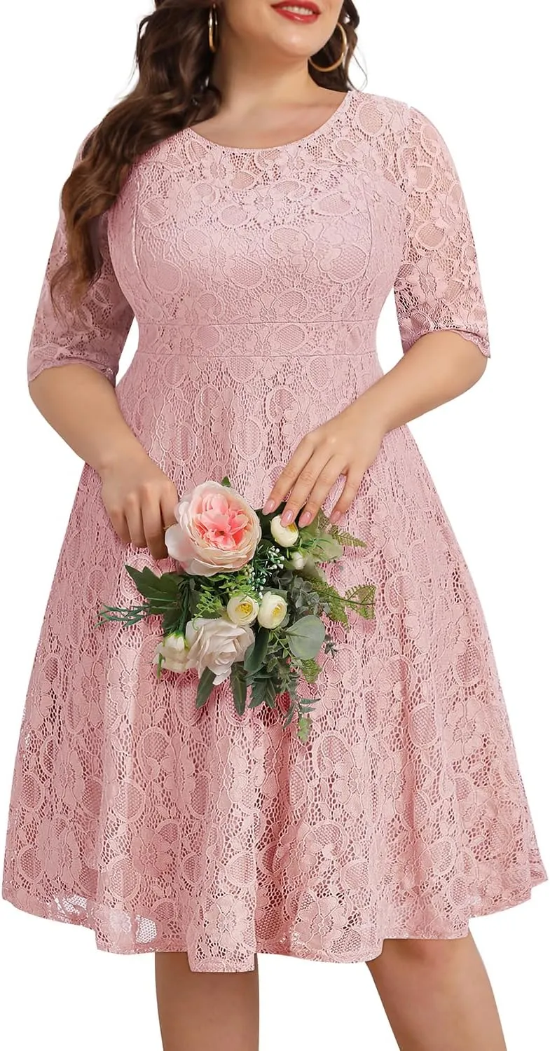 Women's Plus Size Wedding Guest Bridal Shower Semi Formal Cocktail Party Lace V Neck Midi Dress