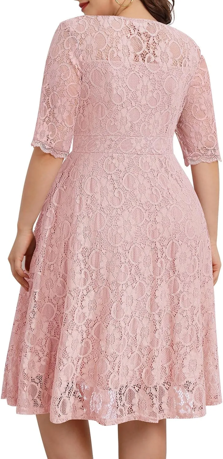 Women's Plus Size Wedding Guest Bridal Shower Semi Formal Cocktail Party Lace V Neck Midi Dress