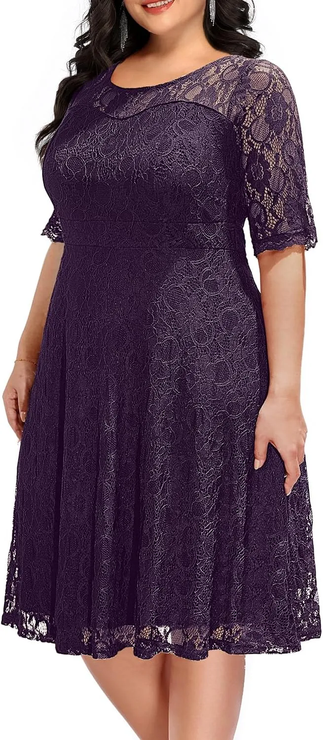 Women's Plus Size Wedding Guest Bridal Shower Semi Formal Cocktail Party Lace V Neck Midi Dress