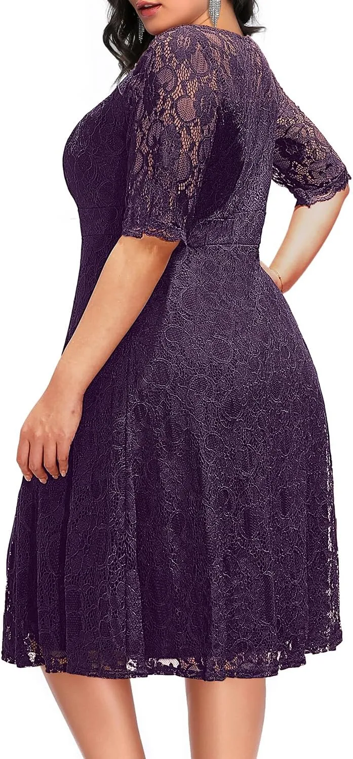 Women's Plus Size Wedding Guest Bridal Shower Semi Formal Cocktail Party Lace V Neck Midi Dress