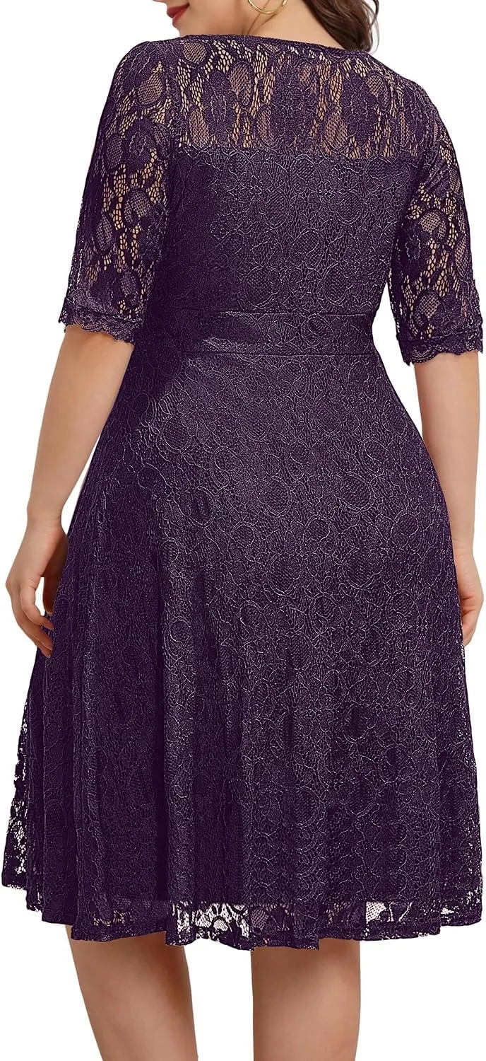 Women's Plus Size Wedding Guest Bridal Shower Semi Formal Cocktail Party Lace V Neck Midi Dress