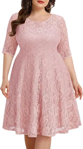 Women's Plus Size Wedding Guest Bridal Shower Semi Formal Cocktail Party Lace V Neck Midi Dress
