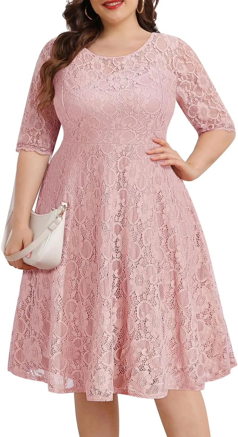 Women's Plus Size Wedding Guest Bridal Shower Semi Formal Cocktail Party Lace V Neck Midi Dress