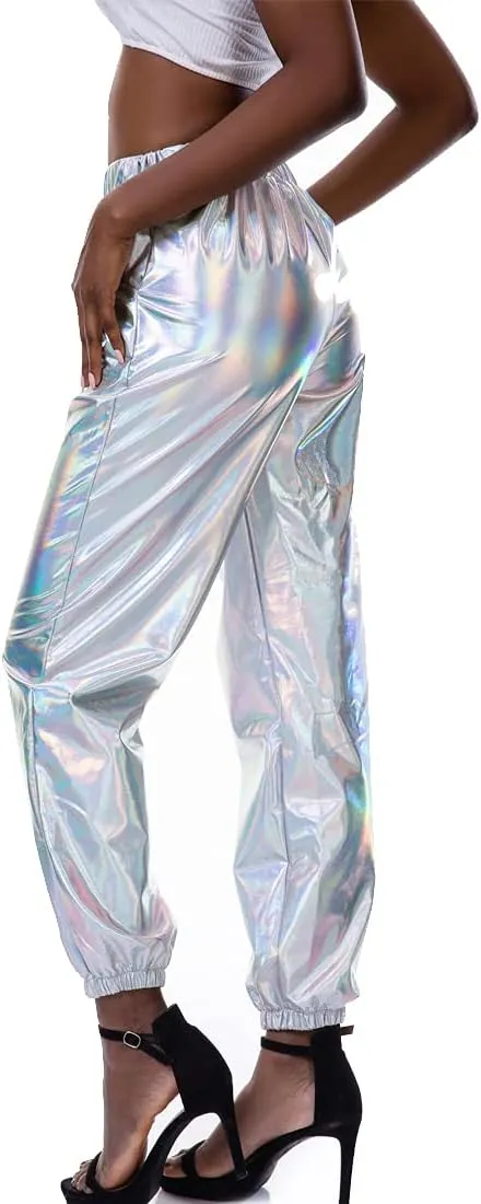 Womens Shiny Metallic Pants, Holographic Disco Sweatpant for 70s 80s Alien Space Cowgirl Halloween Costume