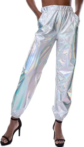 Womens Shiny Metallic Pants, Holographic Disco Sweatpant for 70s 80s Alien Space Cowgirl Halloween Costume