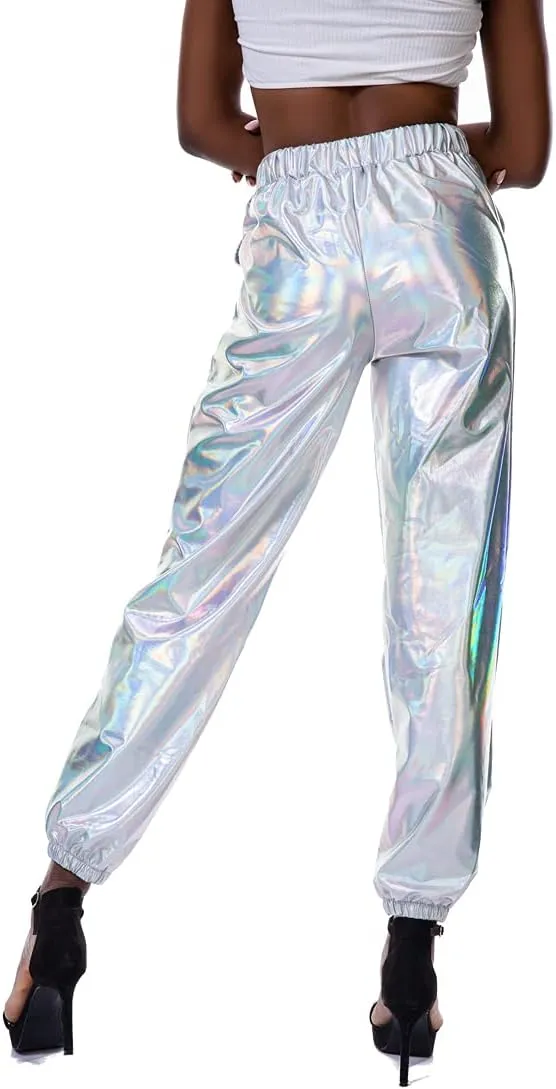 Womens Shiny Metallic Pants, Holographic Disco Sweatpant for 70s 80s Alien Space Cowgirl Halloween Costume