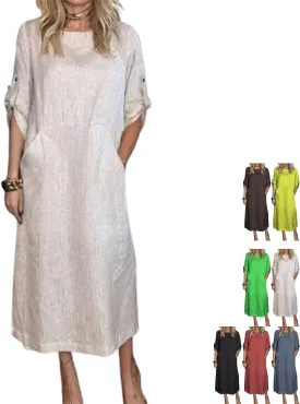 Women's Summer Solid Color Cotton Linen Casual Round Neck 3/4 Sleeve A-Line Maxi Dress forVacation, Everyday Wear