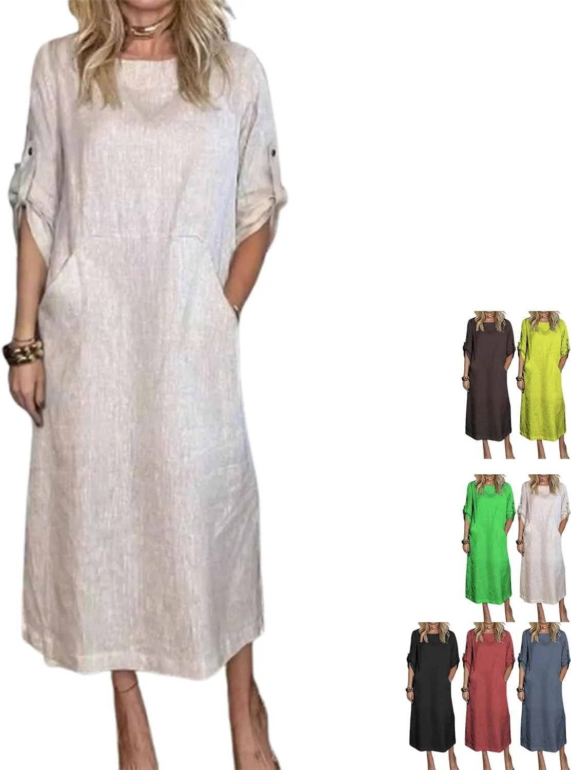 Women's Summer Solid Color Cotton Linen Casual Round Neck 3/4 Sleeve A-Line Maxi Dress forVacation, Everyday Wear