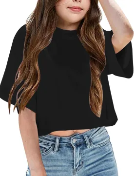 Yuccalley Girls Summer Round Neck Short Sleeve Crop Tees Casual Loose Fit Tees