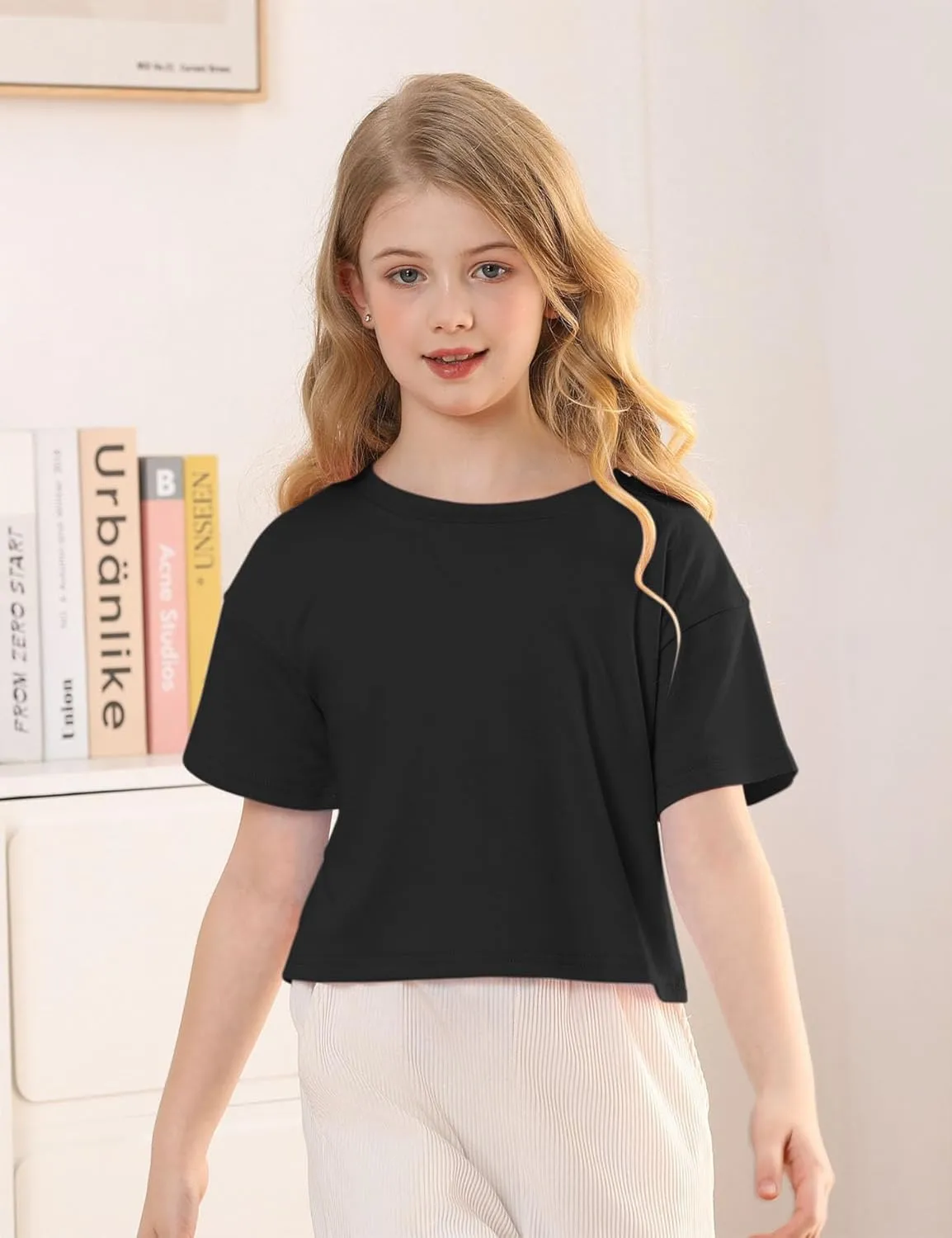 Yuccalley Girls Summer Round Neck Short Sleeve Crop Tees Casual Loose Fit Tees